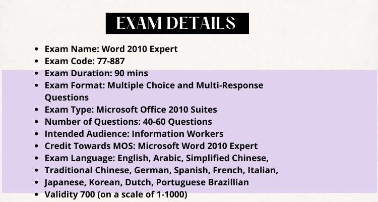 Word 2010 Expert (77-887)
 EXAM DETAILS